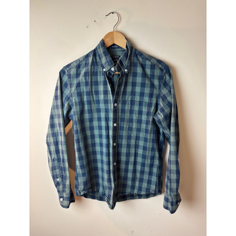 Mens Small J.Crew Button Down Shirt Green Blue Check Flex Washed Slim Untucked